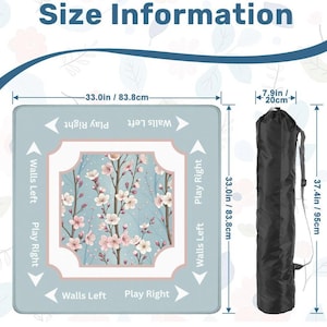 Cherry blossom mahjong mat size guide showing 33-inch playing surface and included black storage bag for easy transport and storage.
