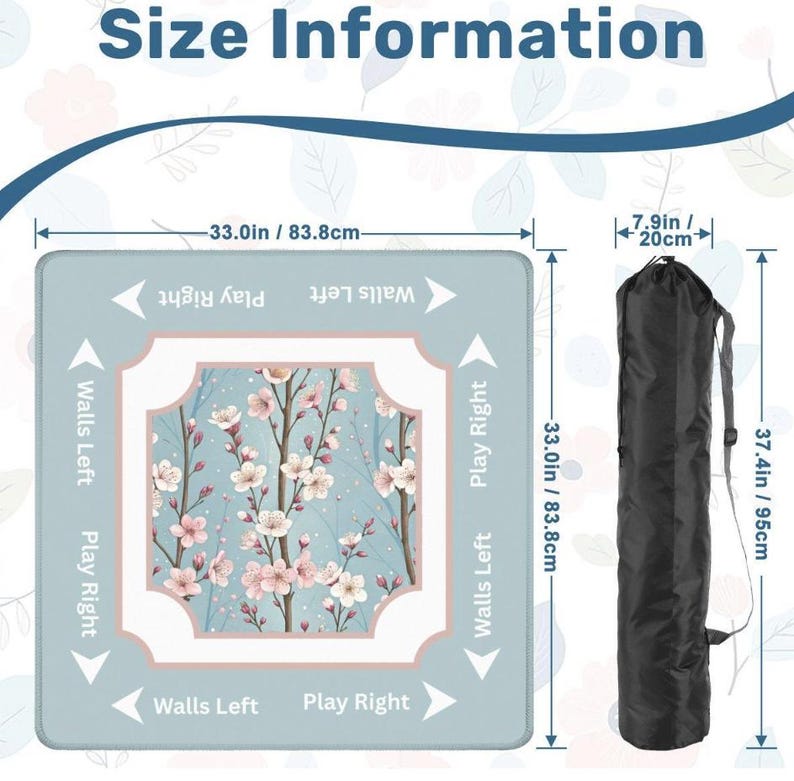 Cherry blossom mahjong mat size guide showing 33-inch playing surface and included black storage bag for easy transport and storage.