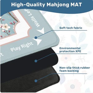 Puede incluir: Una alfombrilla de Mahjong de alta calidad con un dise&ntilde;o floral y el texto "Play Right" y "Walls Left". La alfombrilla presenta un tejido t&eacute;cnico suave, protecci&oacute;n ambiental XPE y un respaldo de espuma de goma gruesa antideslizante.