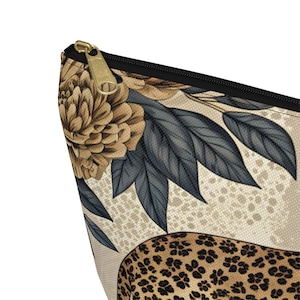 Leopard Floral Accessory Pouch, Mahjong Tile Bag, Neutral Gold Makeup Bag Black zipper
