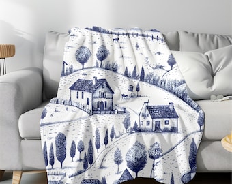 French Country Toile Velveteen Blanket, Blue House Scene Throw