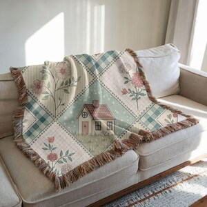 Cottagecore Woven Blanket: Patchwork Quilt, Country Home Decor image 2