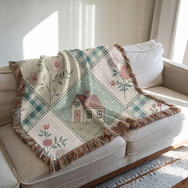Cottagecore Woven Blanket: Patchwork Quilt, Country Home Decor image 2