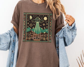 Boho Alien UFO Comfort Colors Oversized Tshirt, Alien Lover Gift, Bohemian Extraterrestrial Tee, Hippie Space Shirt, Vintage Washed Graphic