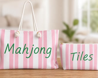 Pink Stripe Mahjong Tile & Accessory Bag Set | Game Night Storage Tote