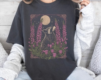Raccoon Full Moon T-shirt: Purple Flower Graphic Tee