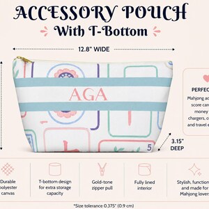 Size chart for a personalized Mahjong accessory pouch featuring a pastel Mahjong tile pattern and pink monogram. The pouch measures 12.8 inches wide, 7.28 inches tall, and 3.15 inches deep.