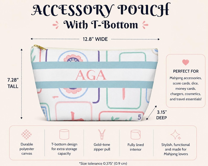 Size chart for a personalized Mahjong accessory pouch featuring a pastel Mahjong tile pattern and pink monogram. The pouch measures 12.8 inches wide, 7.28 inches tall, and 3.15 inches deep.