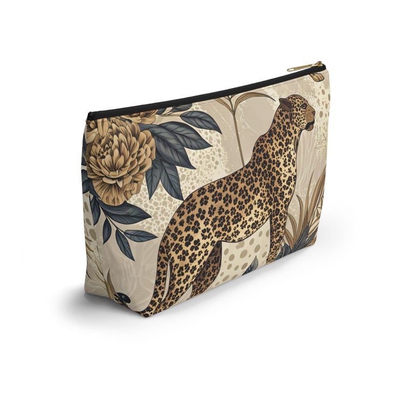 Leopard Floral Accessory Pouch, Mahjong Tile Bag, Neutral Gold Makeup Bag image 6