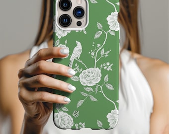 Green Toile Bird Print iPhone Case: Cottagecore Floral Design