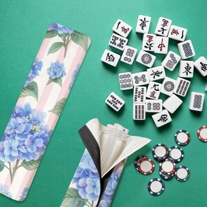 Blue Hydrangea Mahjong Tile Racks with Pusher and Bag image 7