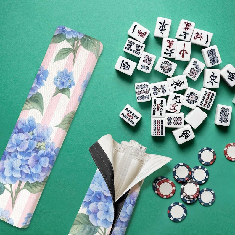 Blue Hydrangea Mahjong Tile Racks with Pusher and Bag image 7