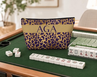 Personalized Purple Gold Leopard Mahjong Tile Bag | Monogram Travel Pouch