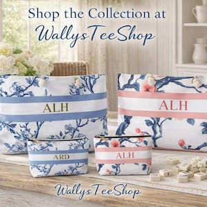 May include: Floral print tote bags and pouches in blue and white or pink and white. The bags and pouches have a horizontal stripe with initials. The text "Shop the Collection at WallysTeeShop" is visible.