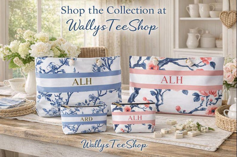 May include: Floral print tote bags and pouches in blue and white or pink and white. The bags and pouches have a horizontal stripe with initials. The text "Shop the Collection at WallysTeeShop" is visible.