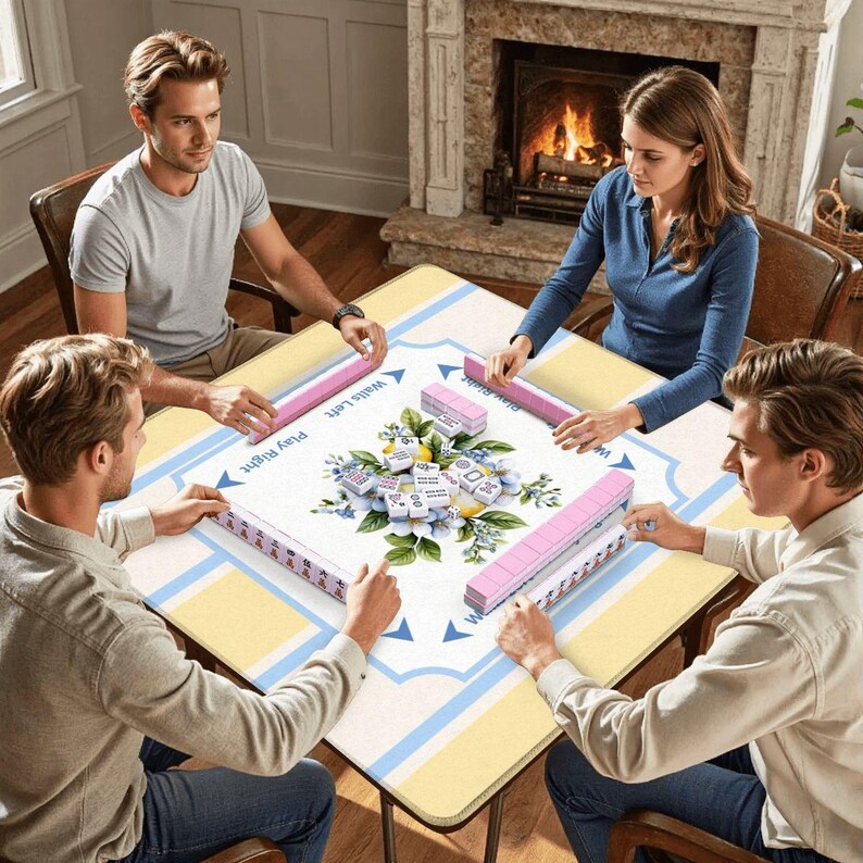 Lemon Floral Mahjong Mat, Coastal Yellow Blue Stripe Game Table Decor image 6
