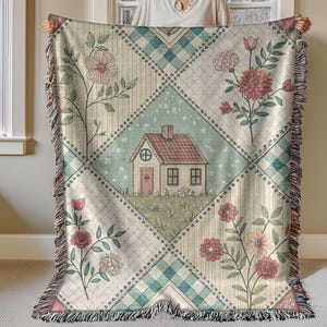 Cottagecore Woven Blanket: Patchwork Quilt, Country Home Decor image 1