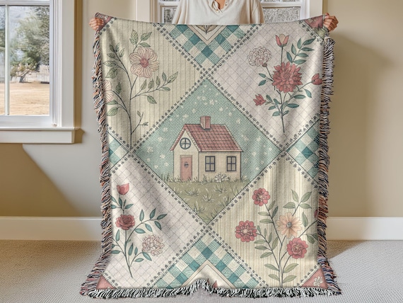 Cottagecore Woven Blanket: Patchwork Quilt, Country Home Decor