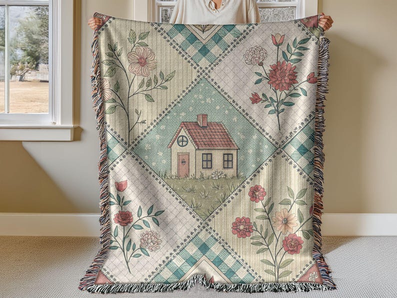 Cottagecore Woven Blanket: Patchwork Quilt, Country Home Decor image 1