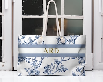 Personalized Chinoiserie Tote Bag | Custom Initial Blue Toile Weekender