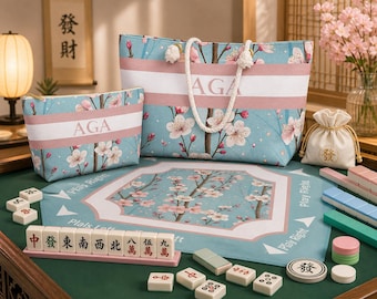 Cherry Blossom Mahjong Set, Mat, Tote Bag, Tile Bag | Personalized Travel Accessories