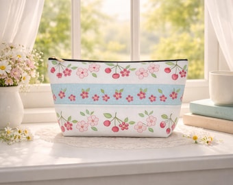 Cherry Blossom Cosmetic Bag, Floral Zipper Pouch, Mahjong Tile Case