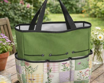 Floral Patchwork Gardening Tote Bag | Waterproof Tool Organizer, Cottagecore Style