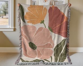 Boho Floral Woven Cotton Blanket: Colorful Fringed Throw