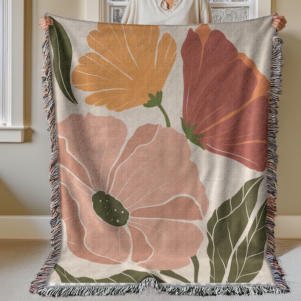 Boho Floral Woven Cotton Blanket: Colorful Fringed Throw