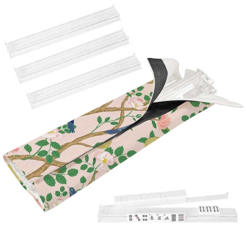 Chinoiserie Mahjong tile rack wrapper with bird and floral pattern shown with clear tile racks and pushers on white background.