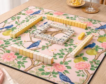 Chinoiserie Mahjong Mat Pink Floral Bird Design, 33" Game Mat, Polyester Fibre Surface