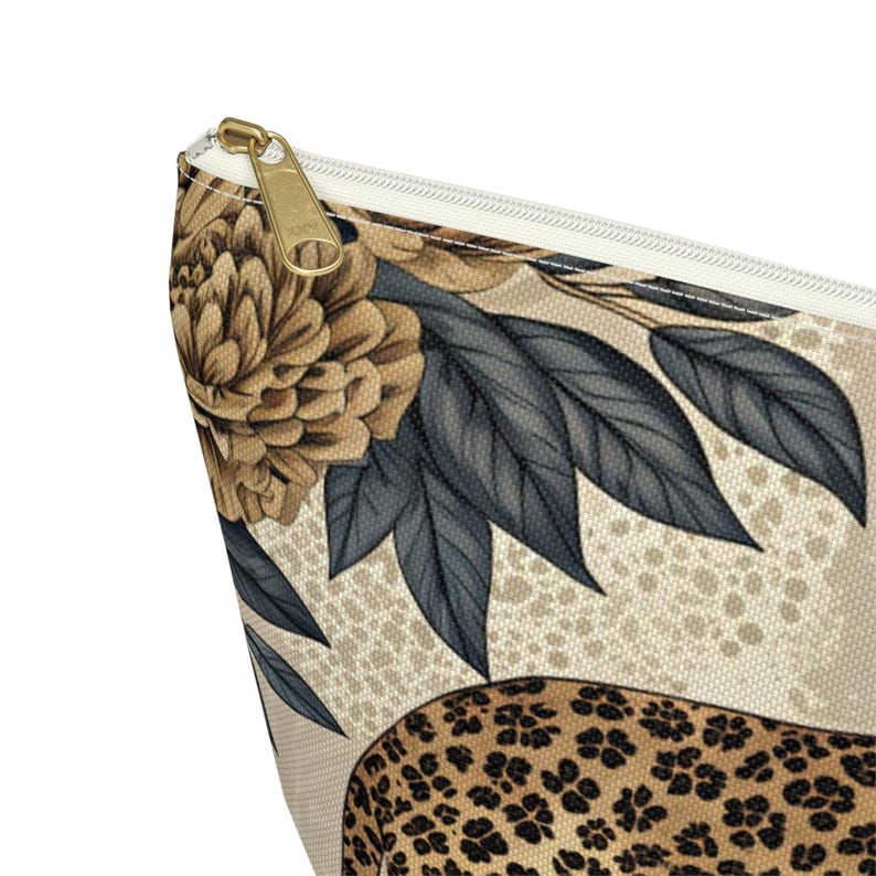 Leopard Floral Accessory Pouch, Mahjong Tile Bag, Neutral Gold Makeup Bag White zipper
