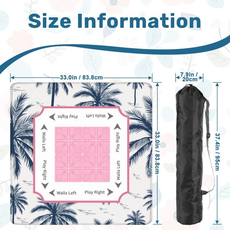 Mahjong mat product details showing thickness options, soft neoprene material, non-slip backing, and smooth gameplay surface.
