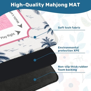 Mahjon mat quality information which includes soft tech fabric and non-slop thich rubber foam backing.