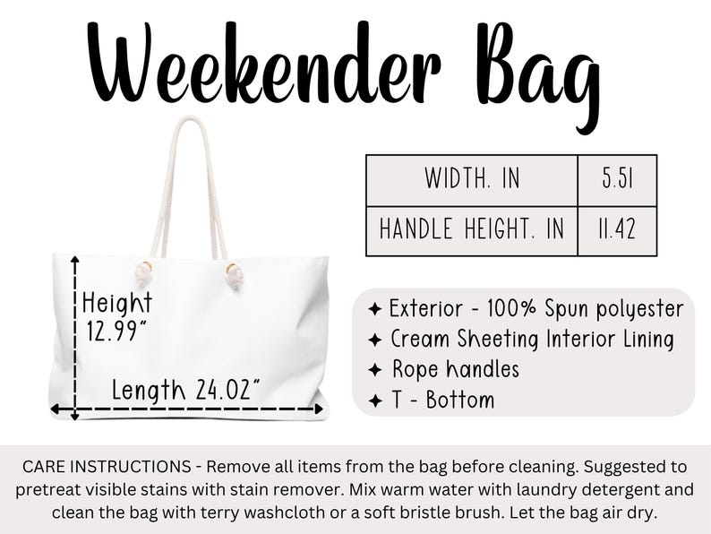 Puede incluir: Bolso de fin de semana blanco con asas de cuerda. El bolso mide 61 cm de largo, 33 cm de alto y 14 cm de ancho. El bolso tiene el texto "Weekender Bag" en negro.