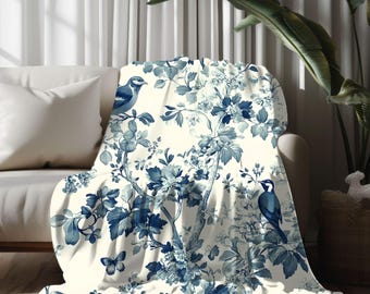 Blue Chinoiserie Bird Velveteen Blanket: Soft Spring Couch Throw
