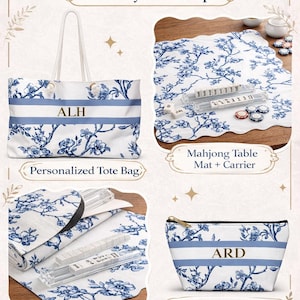 May include: Collection of personalized Mahjong accessories. Includes a tote bag, tile pouch, table mat, and tile wrappers, all featuring a blue floral design on a white background. The tote bag and pouch are monogrammed.