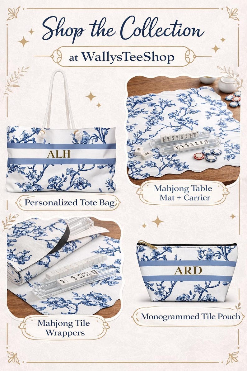 May include: Collection of personalized Mahjong accessories. Includes a tote bag, tile pouch, table mat, and tile wrappers, all featuring a blue floral design on a white background. The tote bag and pouch are monogrammed.