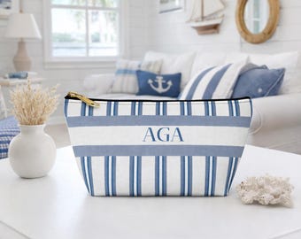 Personalized Striped Zipper Pouch | Nautical Blue Cosmetic Bag, Mahjong Tile Storage