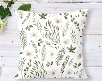 Botanical Faux Suede Pillow Cover: Green Leaf & Floral Design