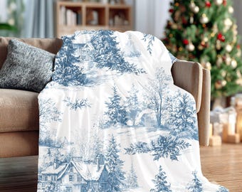 Blue Toile Christmas Blanket | French Country Velveteen Throw