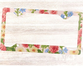 Vintage Floral License Plate Frame | Pastel Pink Blossoms Car Accessory
