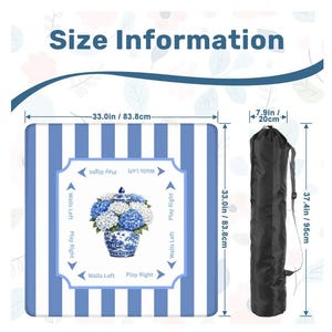 Size chart graphic showing dimensions of blue striped hydrangea mahjong mat and black carrying bag with measurements labeled in inches and centimeters.