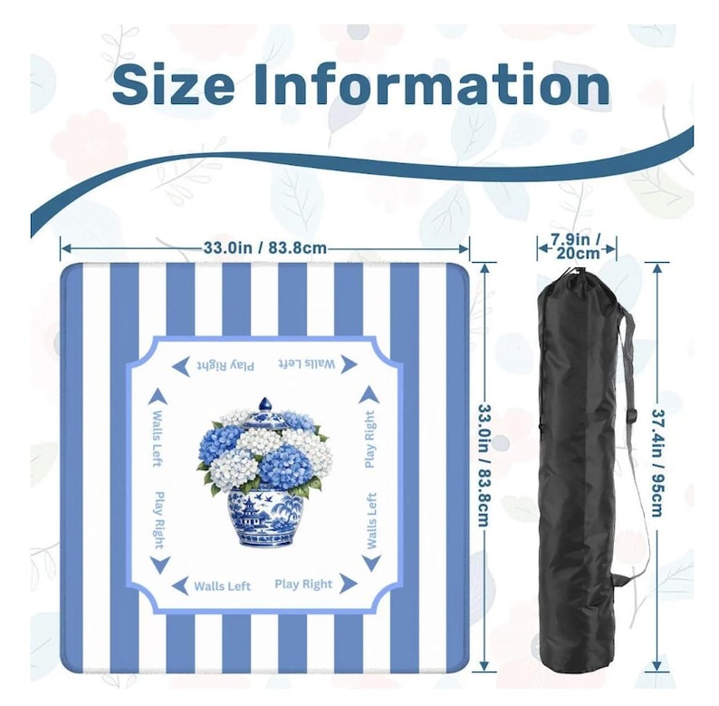 Size chart graphic showing dimensions of blue striped hydrangea mahjong mat and black carrying bag with measurements labeled in inches and centimeters.