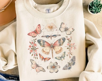 Cottagecore Butterfly Sweatshirt, Boho Crewneck Shirt, Nature Graphic Pullover, Vintage Style Shirt, Cozy Garden Sweater