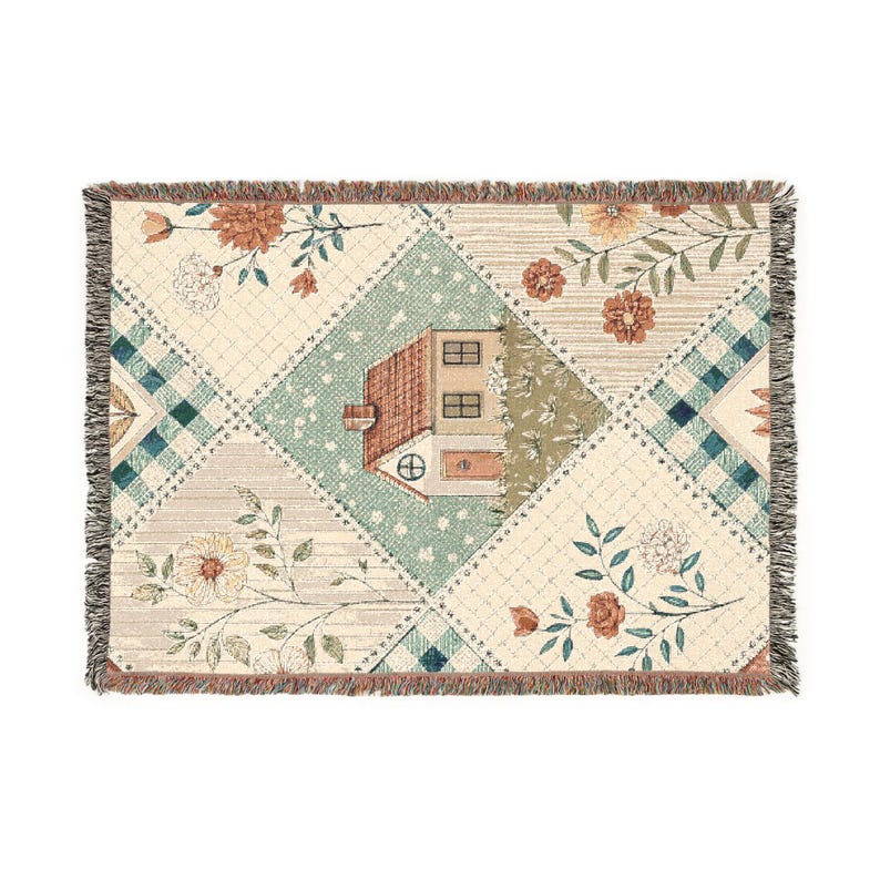 Cottagecore Woven Blanket: Patchwork Quilt, Country Home Decor image 4