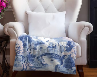 Pastel Toile Velveteen Throw Blanket | Chinoiserie Cottagecore Decor