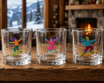 Snowboarder Rocks Glass, 10 oz Whiskey Glass, Ski Lodge Barware, Winter Sports Drinkware