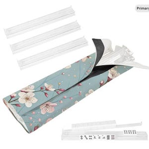 Cherry blossom Mahjong rack storage bag with four clear acrylic pusher racks, featuring a soft blue background and pink floral design for American Mahjong accessories.