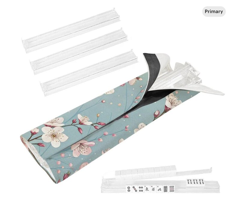 Cherry blossom Mahjong rack storage bag with four clear acrylic pusher racks, featuring a soft blue background and pink floral design for American Mahjong accessories.